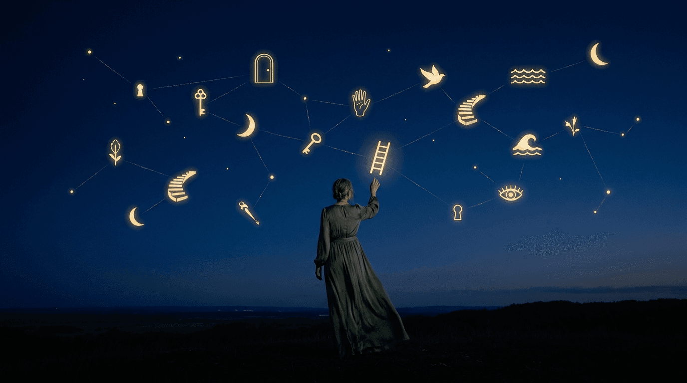 A woman facing a night sky scattered with glowing dream symbols