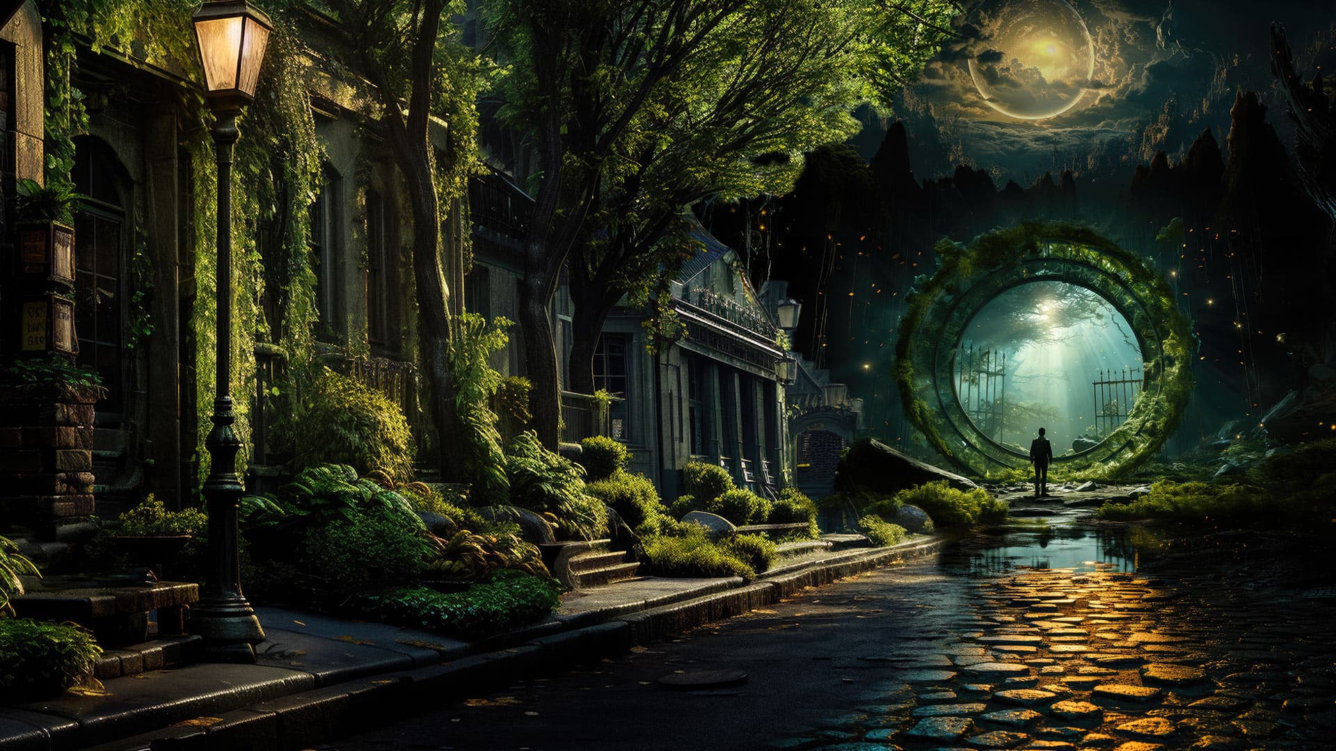 A woman walking a night road that dissolves into still water