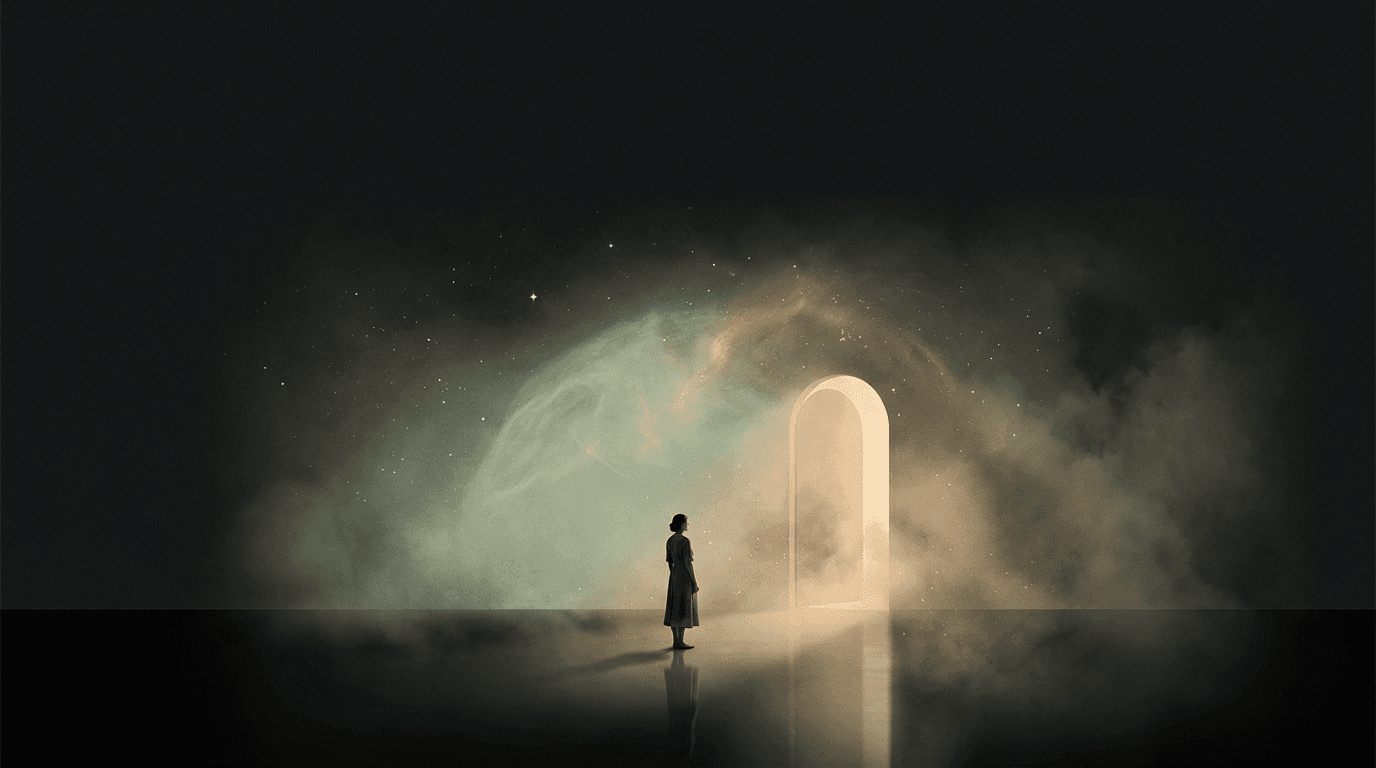 A woman walking through a doorway of light